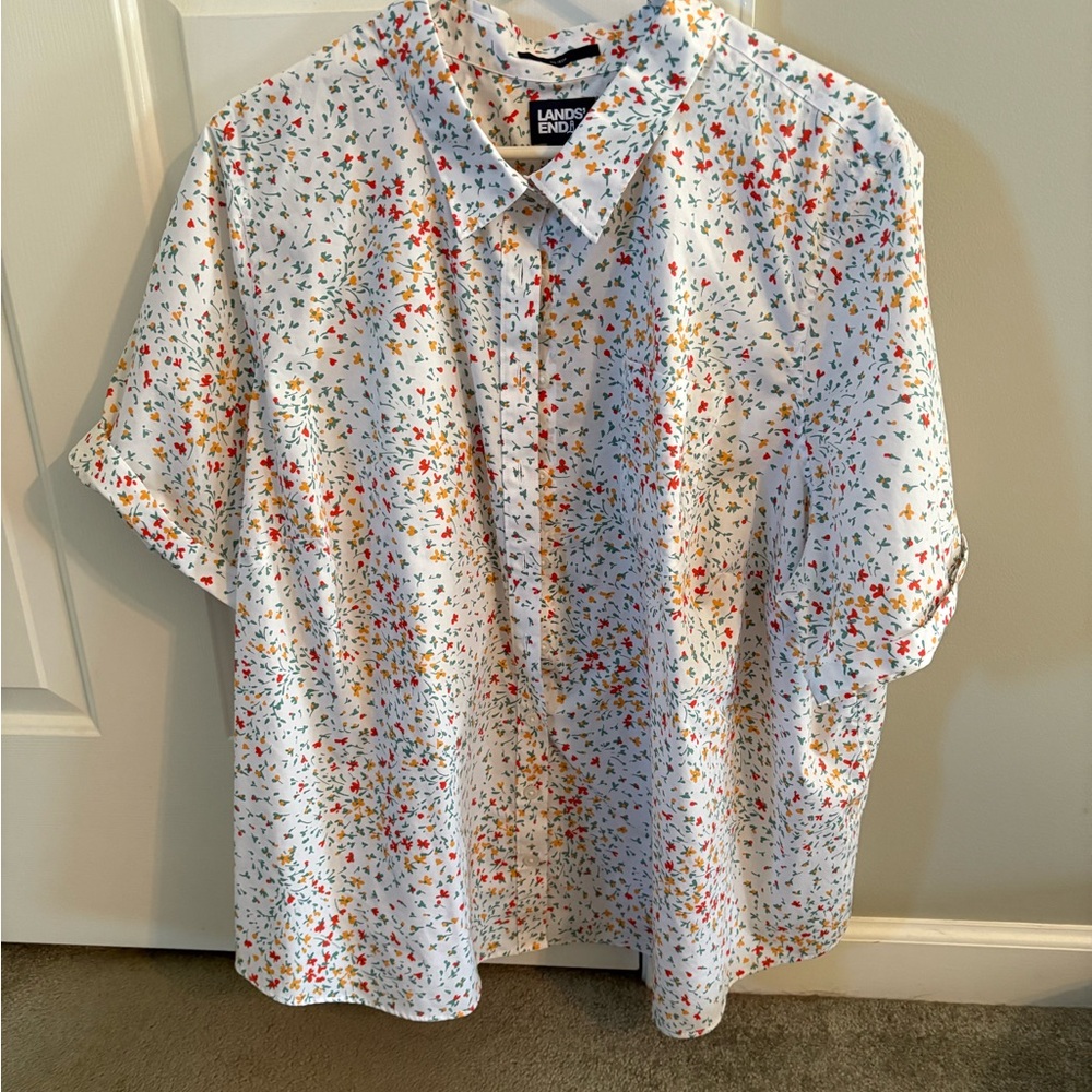 Lands' End White Short-Sleeve Button Down Shirt with Multicolor Floral Dots